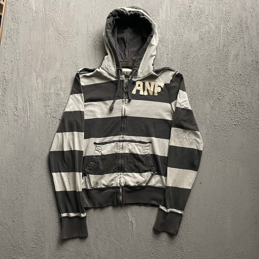 Vintage Abercrombie & Fitch Striped Logo Full Zip Hoodie Mens Medium Black Y2K